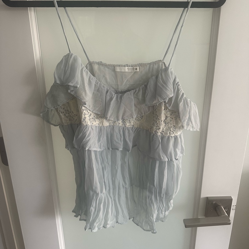 Zara Pale Blue Ruffle Lace Cami Tank